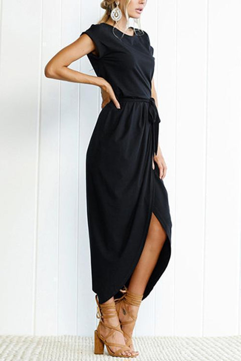 Febedress Short Sleeve Tie Waist Slit Midi Dress