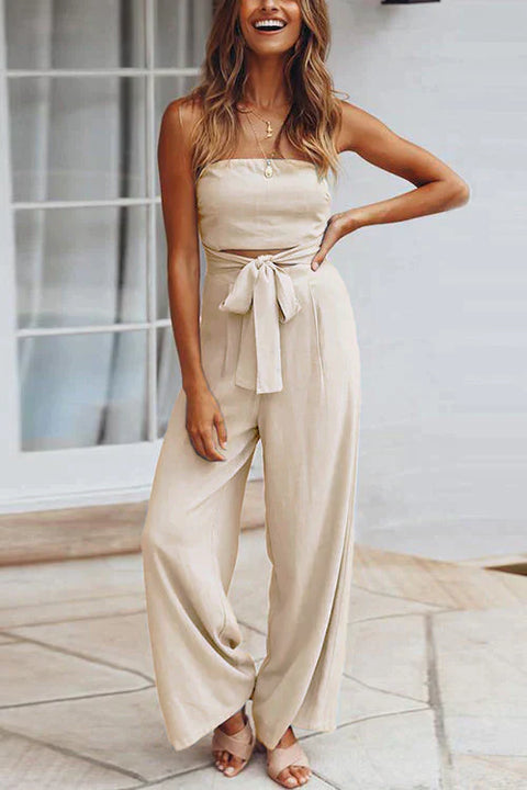 Febedress Off Shoulder Bow Tie Waist Wide Leg Jumpsuit