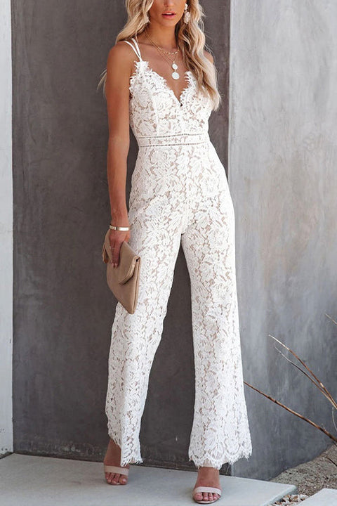 Febedress Solid V Neck Waisted Cami Lace Jumpsuit