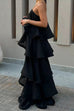 Febedress Adjustable Strap Ruffle Layered Satin Maxi Dress