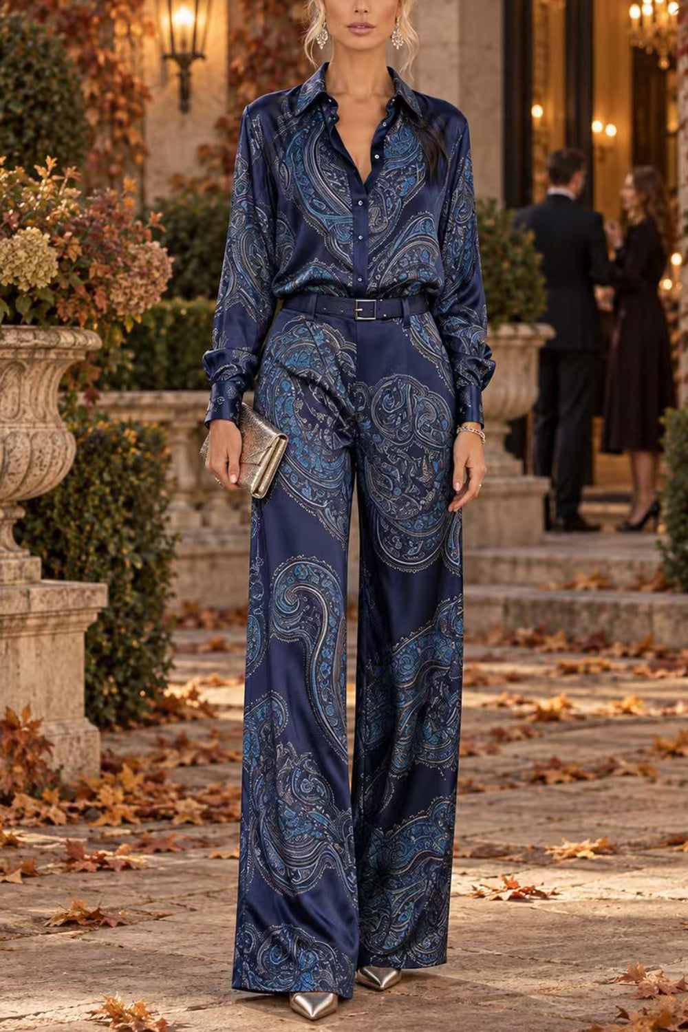 Febedress Lapel Long Sleeves Shirt High Rise Pocketed Straight Leg Pants Paisley Print Set (C)