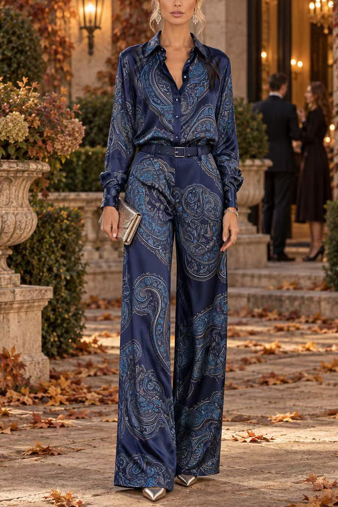 Febedress Lapel Long Sleeves Shirt High Rise Pocketed Straight Leg Pants Paisley Print Set (C)