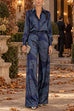 Febedress Lapel Long Sleeves Shirt High Rise Pocketed Straight Leg Pants Paisley Print Set (C)