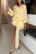 Febedress Lantern Long Sleeves Draped Ruffle Layered Mini Dress with Shorts