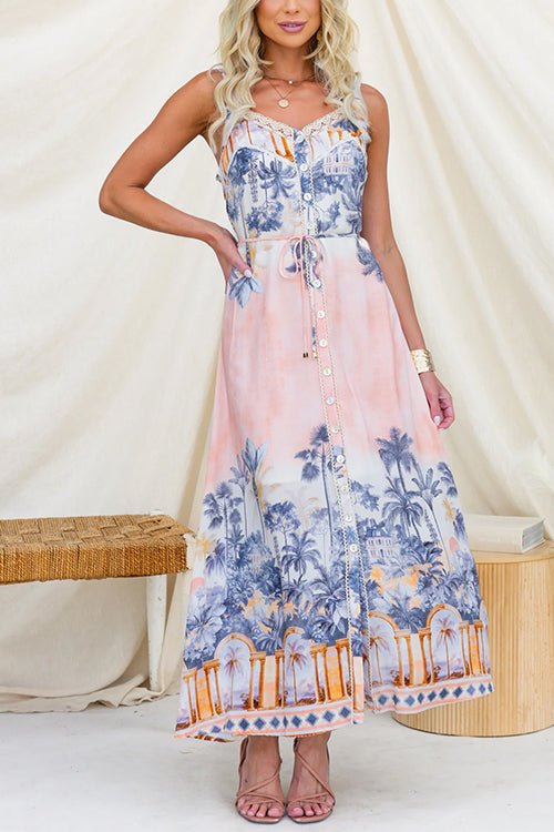 Spaghetti Strap Scenic Print Lace Trim Button Front Maxi Dress