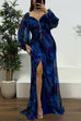 Febedress Off Shoulder Lantern Long Sleeves Printed Slit Pleated Maxi Dress