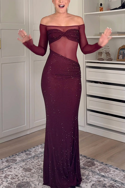 Febedress Off Shoulder Long Sleeves Mesh Splice Sequin Maxi Party Dress