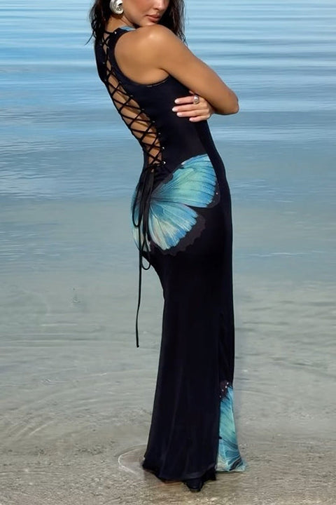 Febedress Back Lace-up Sleeveless Butterfly Print Maxi Dress