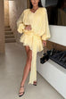 Febedress Lantern Long Sleeves Draped Ruffle Layered Mini Dress with Shorts