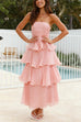 Febedress Strapless Empire Waist Ruffle Layered Maxi Dress