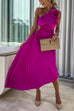 Febedress 3D Rose One Shoulder Cut Out Waist Asymmetric Hem Pleated Maxi Dress