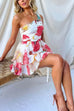 One Shoulder Sleeveless Floral Print Ruffle Layered Mini Dress
