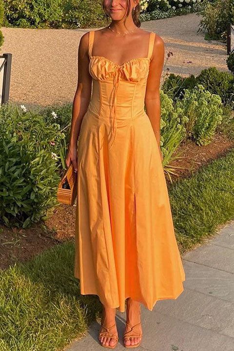 Febedress Drawstring Neck Slit Bustier Midi Cami Dress