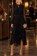 Febedress Mock Neck Sheer Sleeve Pleated Ruffle High-Low Midi Dress (E)