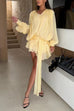 Febedress Lantern Long Sleeves Draped Ruffle Layered Mini Dress with Shorts