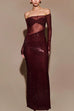 Febedress Off Shoulder Long Sleeves Mesh Splice Sequin Maxi Party Dress