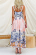 Spaghetti Strap Scenic Print Lace Trim Button Front Maxi Dress