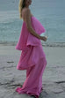 Febedress Adjustable Strap Ruffle Layered Satin Maxi Dress