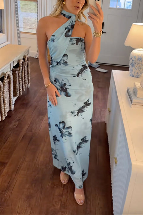 Febedress Halter Sleeveless Floral Print Mesh Maxi Dress