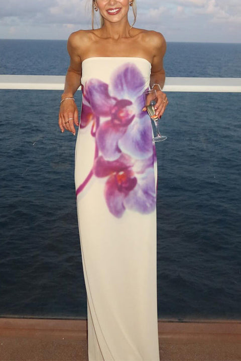 Febedress Elegant Strapless Floral Print Maxi Dress