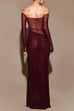 Febedress Off Shoulder Long Sleeves Mesh Splice Sequin Maxi Party Dress