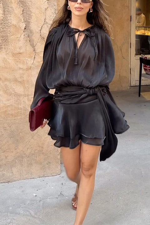 Febedress Long Sleeves Lace-up Tie Waist Ruffle Mini Dress