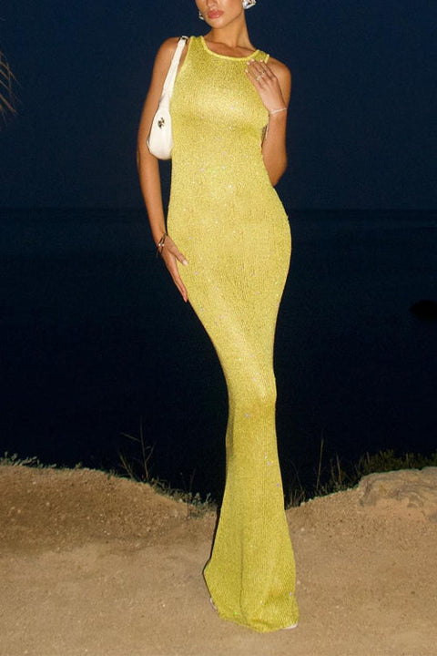 Febedress Round Neck Sleeveless Bodycon Glitter Maxi Party Dress