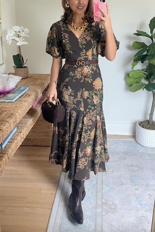 V Neck Puff Short Sleeves Floral Print Midi Dress