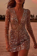 Febedress Deep V Neck Mesh Sleeve Mini Sequin Club Dress