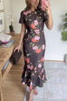 Crewneck Short Sleeves Floral Print Ruffle Hem Midi Dress