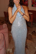 Febedress Halter Cowl Neck Open Back Sequin Maxi Party Dress
