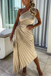 Febedress 3D Rose One Shoulder Cut Out Waist Asymmetric Hem Pleated Maxi Dress