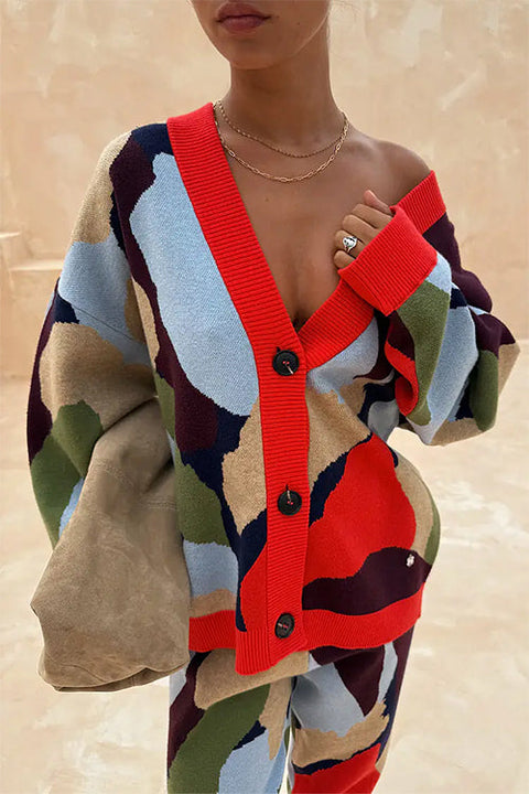 Febedress V Neck Button Up Abstract Print Sweater Cardigan