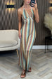 Febedress Halter V Neck Backless Color Block Crochet Maxi Dress