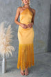 Febedress Halter Neck Patchwork Fringe Hem Satin Maxi Dress