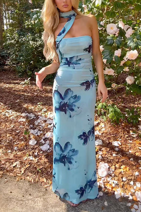 Febedress Strapless Floral Print Mesh Bodycon Maxi Dress