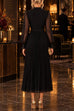 Febedress Mock Neck Sheer Sleeve Pleated Ruffle High-Low Midi Dress (D)
