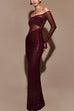 Febedress Off Shoulder Long Sleeves Mesh Splice Sequin Maxi Party Dress