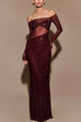 Febedress Off Shoulder Long Sleeves Mesh Splice Sequin Maxi Party Dress