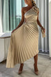 Febedress 3D Rose One Shoulder Cut Out Waist Asymmetric Hem Pleated Maxi Dress