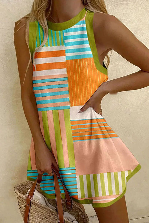 Febedress Sleeveless Striped Color Block A-line Mini Dress