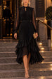 Febedress Mock Neck Sheer Sleeve Pleated Ruffle High-Low Midi Dress (B)
