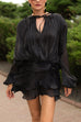 Febedress Long Sleeves Lace-up Tie Waist Ruffle Mini Dress