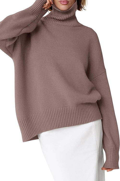 Febedress High Neck Drop Shoulder Ribbed Hem Comfy Sweater