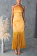 Febedress Halter Neck Patchwork Fringe Hem Satin Maxi Dress
