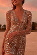 Febedress Deep V Neck Mesh Sleeve Mini Sequin Club Dress