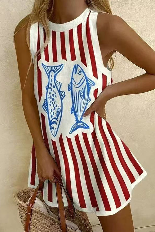 Febedress Crewneck Sleeveless Fish Print Striped Mini Dress