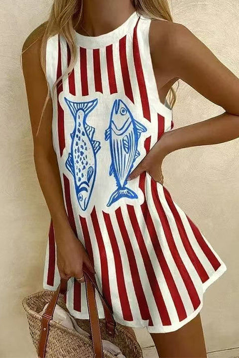 Febedress Crewneck Sleeveless Fish Print Striped Mini Dress