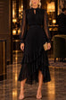 Febedress Mock Neck Sheer Sleeve Pleated Ruffle High-Low Midi Dress (B)