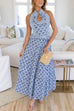 Febedress Halter Cut Out Backless Frill Trim Floral Print Maxi Dress